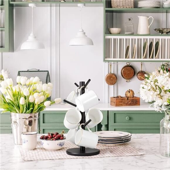 Black Wooden Mug Holder Tree Coffee Cup Stand with 6 Hooks Kitchen Counter Rack - Picture 6 of 7